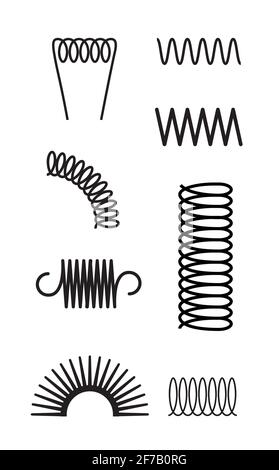 Icona flessibile della bobina a spirale con set di molle in metallo. Design elastico a filo o molla in acciaio che rimbalza contro la pressione degli oggetti Illustrazione Vettoriale