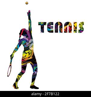 Banner da tennis con la silhouette colorata di una donna tennista Illustrazione Vettoriale