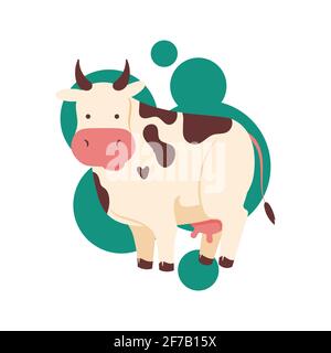 Divertente marrone e bianco macchiato carino mucca o personaggio toro in piedi, cartoon vettore illustrazione isolato su sfondo bianco. Divertente personaggio mucca Illustrazione Vettoriale