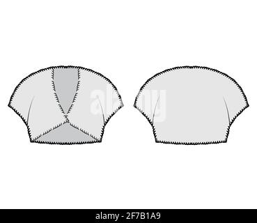 Faux pelo shrug bolero illustrazione tecnica di moda con collo a V, maniche tappate, stile tagliato, corpo adattato, lunghezza del raccolto. Abbigliamento Flat TOP anteriore, posteriore, colore grigio. Donne, uomini unisex CAD mockup Illustrazione Vettoriale