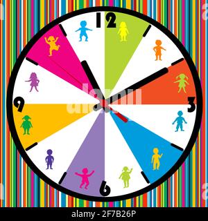Orologio con i bambini colorati su sfondo a righe Illustrazione Vettoriale