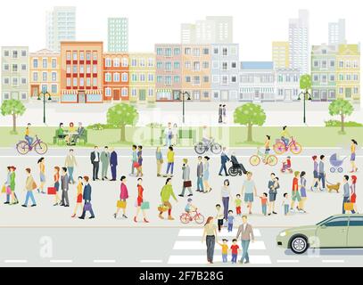Famiglie e persone sul marciapiede con illustrazione del traffico stradale Illustrazione Vettoriale