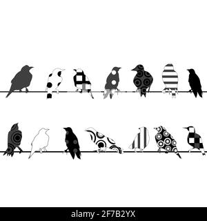 Uccelli con diversi motivi su fili su sfondo bianco Illustrazione Vettoriale