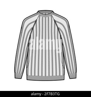 Pullover a coste illustrazione tecnica della moda con collo a costola, maniche lunghe raglan, oversize, lunghezza dell'anca, rivestimento del polsino a maglia. Ponticello piatto davanti, colore grigio. Donne, uomini unisex CAD mockup Illustrazione Vettoriale