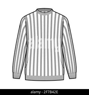 Pullover a coste illustrazione tecnica della moda con collo a costola, maniche lunghe, oversize, lunghezza dell'anca, rivestimento del polsino a maglia. Ponticello piatto davanti, colore bianco. Donne, uomini unisex CAD mockup Illustrazione Vettoriale