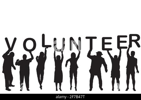 Concetto di volontariato con persone sagome azienda lettere con Word volontario Illustrazione Vettoriale
