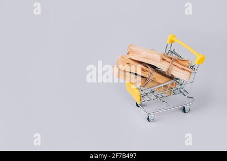 Palo Santo bastoni all'interno del carrello di shopping su sfondo grigio chiaro - sacro albero di incenso dall'America Latina. Meditazione, salute mentale e. Foto Stock