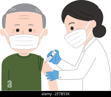 Un uomo anziano con una maschera medica che riceve una vaccinazione. Illustrazione vettoriale isolata su sfondo bianco. Illustrazione Vettoriale