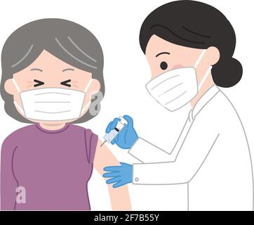 La donna anziana con una maschera medica si sente un leggero pizzico ricevendo una vaccinazione. Illustrazione Vettoriale