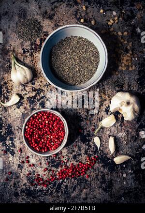 Spezie su uno sfondo grigio Foto Stock