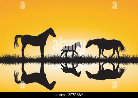Campagna cavalli silhouette di famiglia nella natura selvaggia del paesaggio Illustrazione Vettoriale