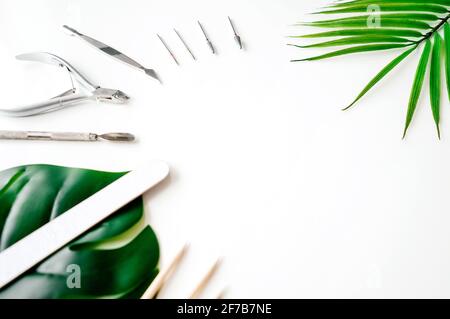 Attrezzi di manicure impostati su sfondo bianco come cornice. Disposizione piatta, spazio di copia. Foglie di palma verde come decorazione. Foto Stock