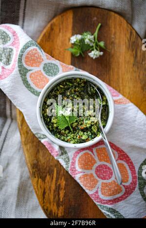 Aglio senape e mandorle pesto Foto Stock