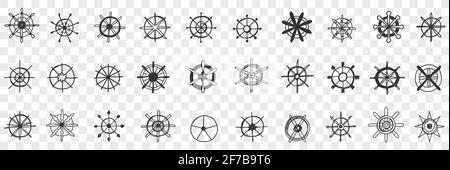 Set di tagliabottiglie assortiti per volante. Raccolta di diversi stili di ruote a ralla disegnate a mano sulle navi trasporto imbarcazioni isolato su sfondo trasparente Illustrazione Vettoriale