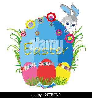 Uovo di Pasqua. Uova dipinte. Buon testo di Pasqua. Bianco isolato. Coniglietto di Pasqua Illustrazione Foto Stock