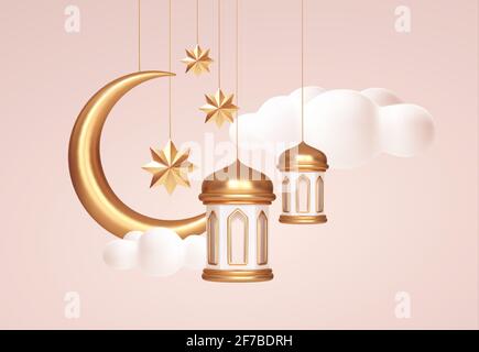 EID Mubarak 3d simboli realistici delle vacanze arabe islamiche. Luna di Crescent, stelle, lanterne. Illustrazione vettoriale Illustrazione Vettoriale