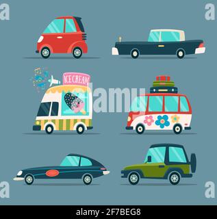 Urban Cartoon Cars icone ambientato in un design piatto Illustrazione Vettoriale