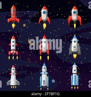 Imposta razzo spaziale, astronave, sfondo spaziale, stile cartoon, illustrazione vettoriale Illustrazione Vettoriale