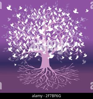 Un albero di vita con uccelli bianchi seduti sui rami e volanti intorno all'albero. Lo sfondo è un gradiente viola Illustrazione Vettoriale