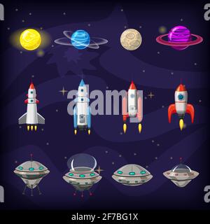 Set di icone cartoni animati spaziali. Pianeti, razzi, elementi ufo su sfondo cosmico, vettore, isolato, stile cartoon Illustrazione Vettoriale