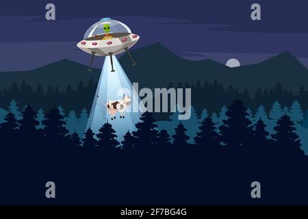 UFO rapire una mucca, estate notte paesaggio foresta, vettore sfondo con stelle e luna nel cielo. Stile cartone animato, isolato Illustrazione Vettoriale