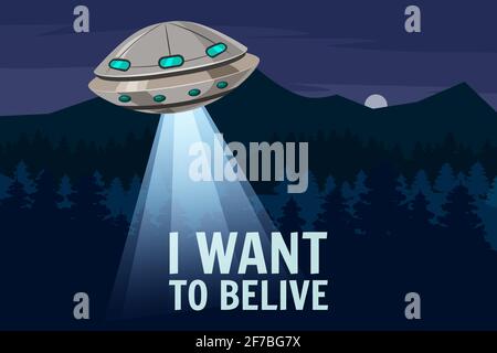 Poster UFO. Voglio credere. Piatto volante, alieno, stile sartoon, illustrazione vettoriale Illustrazione Vettoriale