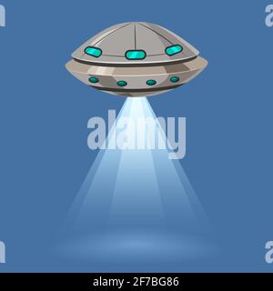 Astronave volante UFO isolato su sfondo blu, raggi di luce, stile cartoon, illustrazione vettoriale. Concetto, modello Illustrazione Vettoriale