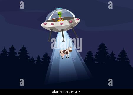 UFO rapire una mucca, estate notte paesaggio foresta, vettore sfondo con stelle e luna nel cielo. Stile cartone animato, isolato Illustrazione Vettoriale