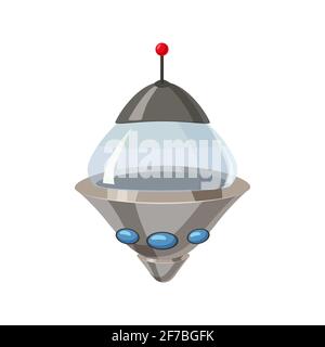 Astronave volante UFO isolato in stile cartoon bianco. Trasporto straniero futuristico. Illustrazione vettoriale, baner, poster Illustrazione Vettoriale