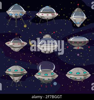 Set Flying Saucer, Spaceship UFO Illustrazione cartone animato divertente, astronave non identificato e navicelle spaziali sullo sfondo dello spazio, varie forme futuristiche Illustrazione Vettoriale