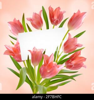 Bouquet di tulipani realistici con biglietto d'auguri su sfondo rosa. Cartoncino di carta in luminoso bel bouquet di tulipani fiori e foglie Illustrazione Vettoriale