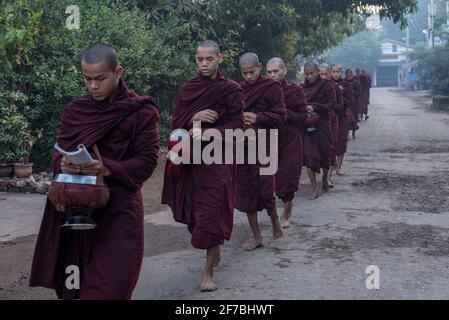 Monaci che camminano per le strade di Bago raccogliere donazioni di cibo, Bago, Myanmar Foto Stock