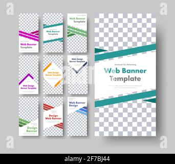 Serie di banner Web verticali bianchi con spazio per immagini grafiche ed elementi di design a colori diagonali. Modelli di dimensioni standard per aziende e professionisti Illustrazione Vettoriale