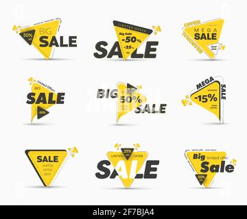 Modelli di etichette vettoriali triangolari nere e gialle con sconti percentuali per grandi vendite. Set di banner moderni per mega offerte speciali e stagionali. Illustrazione Vettoriale