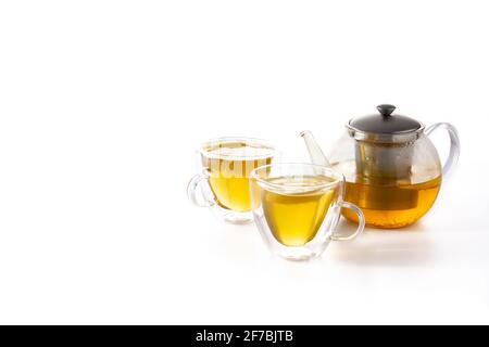 Tè allo zenzero con limone e miele in vetro di cristallo isolato su sfondo bianco Foto Stock