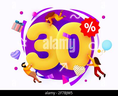 Vendita mega. 30% di sconto. Offerta speciale con persone in volo. Poster o banner della promozione. Illustrazione vettoriale Illustrazione Vettoriale