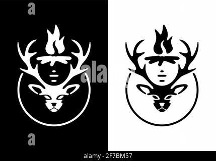 Testa di cervo e falò disegno di illustrazione del tatuaggio Illustrazione Vettoriale