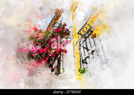 Acquerello, strade di Marbella in Spagna con fiori e piante sulla facciata Foto Stock