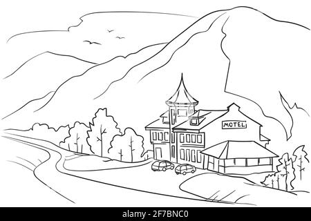 Motel su una strada di montagna, disegno grafico Illustrazione Vettoriale