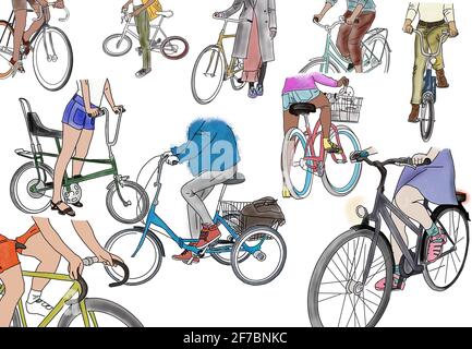 schizzo di ciclisti eleganti su biciclette diverse Foto Stock