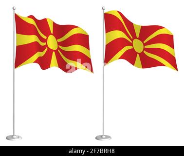 Bandiera della Macedonia del Nord su flagpole che ondola nel vento. Elemento di design per le vacanze. Punto di verifica per i simboli della mappa. Vettore isolato su sfondo bianco Illustrazione Vettoriale