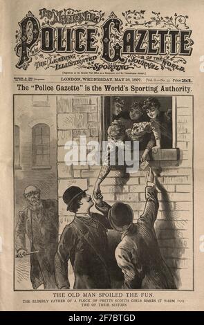 Prima pagina della Gazzetta della polizia Nazionale, 26 maggio 1897. L'uomo anziano ha guastato il divertimento. Il padre anziano di un gregge delle ragazze graziose dello scotch lo rende caldo per due dei loro suitors Foto Stock