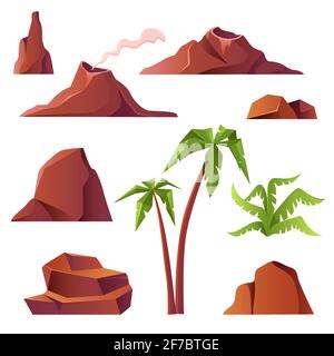 Vulcano con fumo, montagne e palme isolato su sfondo bianco. Cartoni animati vettoriali di paesaggio preistorico, eruzione vulcanica, rocce con cratere fumante, piante tropicali e pietre Illustrazione Vettoriale