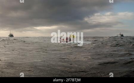 CAMPAGNA GREENPEACE NELLA MANICA CONTRO LA PESCA DEL TWIN TRAWLER PER IL BASSO DI MARE CHE STA UCCIDENDO GRANDI NUMERI DI COMONE DELFINI.23 MARZO 2005 TOM PILSTON Foto Stock