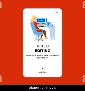 Video editing Donna su computer Workplace Vector Illustrazione Vettoriale