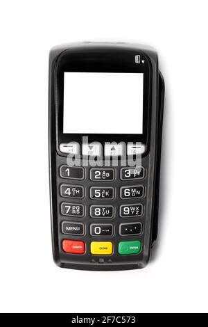 Terminale POS. Pagamento con carta di credito isolato su sfondo bianco. Vista dall'alto Foto Stock