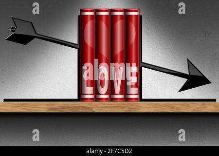 Illustrazione in 3D di quattro libri d'amore rossi con libri a forma di freccia nera, testo Amore e cuore rosso su una mensola di legno e parete bianca. Foto Stock