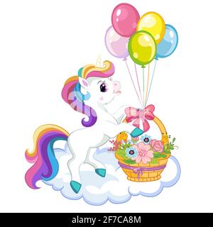Carino unicorno cartoon con cesto di fiori e palloncini. Illustrazione vettoriale isolata. Per cartoline, poster, design per vivai, biglietti d'auguri, adesivi, ro Illustrazione Vettoriale