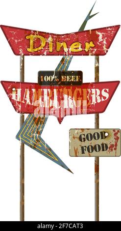 Cena d'epoca grungy e cartello pubblicitario hamburger, illustrazione vettoriale in stile retrò Illustrazione Vettoriale