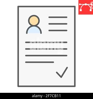 Icona della linea a colori CV, contratto e documento, icona del vettore di ripresa, grafica vettoriale, segno del contorno riempito con tratto modificabile, eps 10. Illustrazione Vettoriale